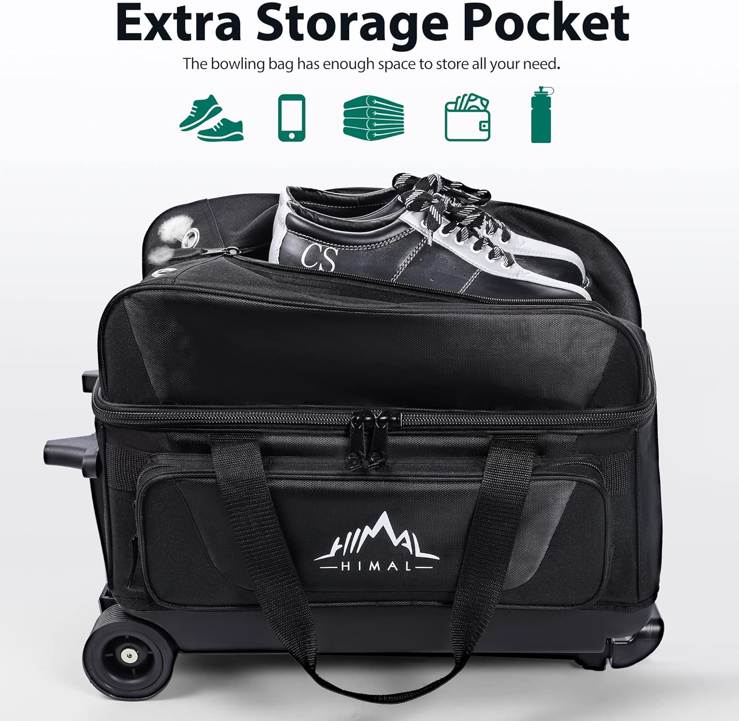 Double Roller 2 Ball Bowling Bag with Separate Shoe Compartment for Bowling Shoes (Up To US Mens Size 15) and Oversized Accessory Pocket, Retractable Handle - Extends to 40"