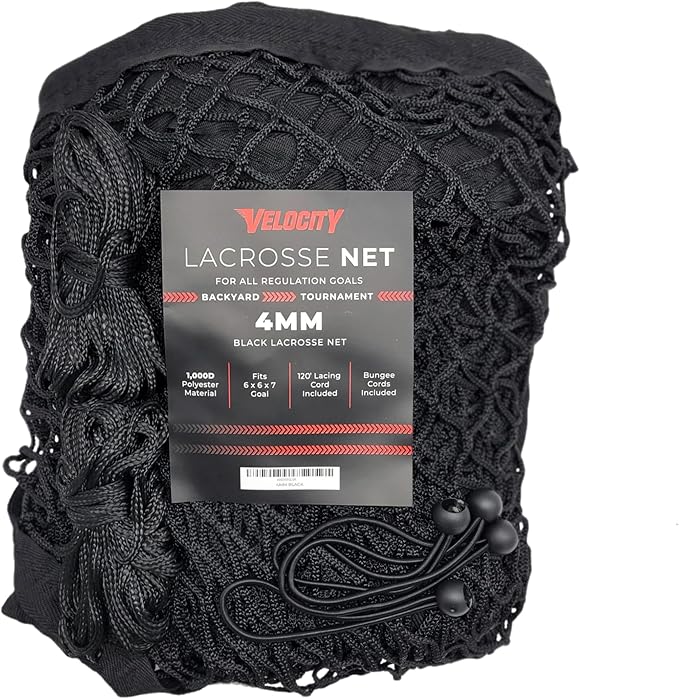 Velocity Heavy Duty Black & White Lacrosse Net - Fits 6’x6’x7’ Goals - Weatherproof, UV Resistant 1000D High-Strength Polyester - Comes with 100+ Feet of Lacing Cord and 4 Quick Ties