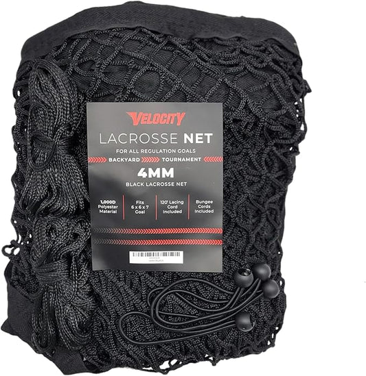 Velocity Heavy Duty Black & White Lacrosse Net - Fits 6’x6’x7’ Goals - Weatherproof, UV Resistant 1000D High-Strength Polyester - Comes with 100+ Feet of Lacing Cord and 4 Quick Ties