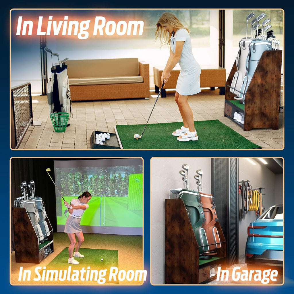 Golf Bag Organizer Storage for 2 Bags with Drawer – Easy Assemble Golf Club Stand Ideal for Garage, Clubs and Basement