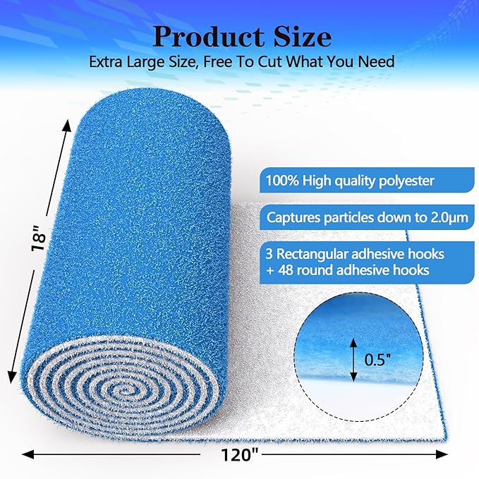 Air Vent Filter, 18"X120" Cut to Size Air Filter Material, MERV 8 Electrostatic Air Filter Roll, Blue & White Vent Filters for Home Floor, Rv Ac Vent, Ceiling, Refrigeration, HVAC Furnace Vent, Etc