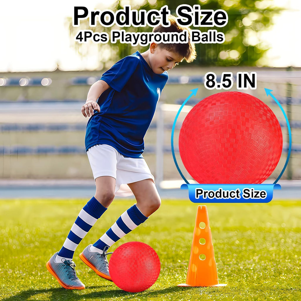 Kickball Set, 8.5 Inch Playground Ball, 4 Pcs Dodgeball Kickballs with 1 Pump, Rubber Kick Balls for Kids Adults Outdoor, Official Size Bouncing Hand Balls for Camps and Schools