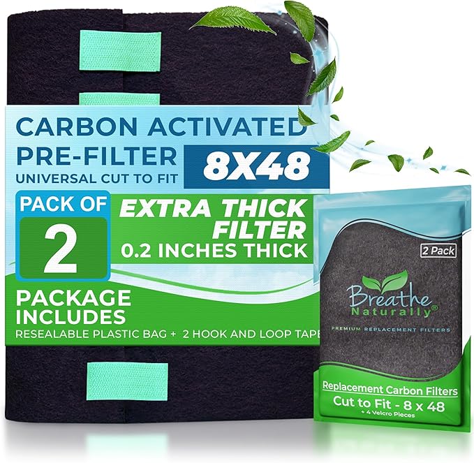 Breathe Naturally Universal Cut To Fit Carbon Activated Air Filter - Replacement Charcoal Filters - Pre Filter Carbon Sheet for Air Purifier, Vent Filters & More - Made in USA (Pack of 2, 8x48)