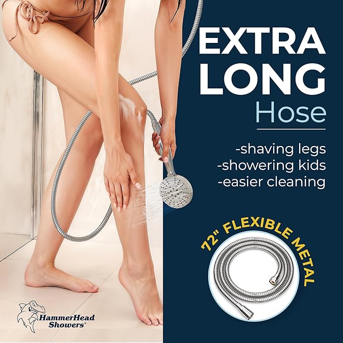 HammerHead Showers® Solid Metal 3-Spray Handheld Shower Head with Long Hose and Holder - CHROME - WIDE, MASSAGE, and MIST Sprays - 1.8 GPM Low Flow Handheld Showerhead - Water Saving Shower Head