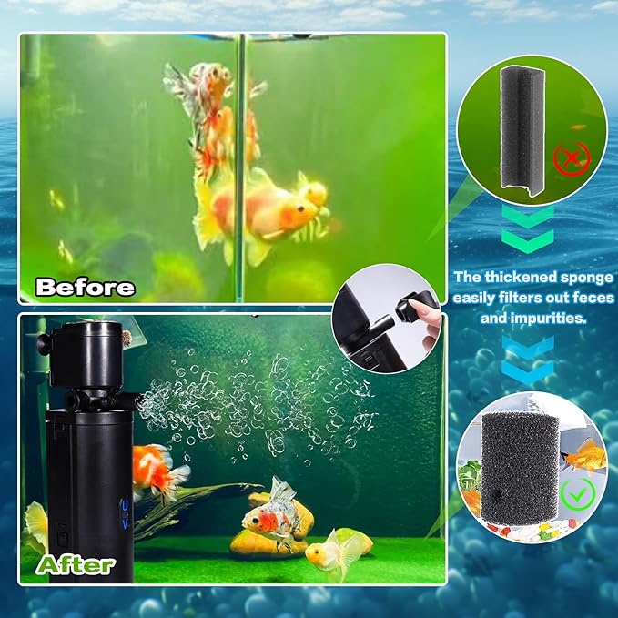 Dual-Chamber U-V Aquarium Filter, 4-in-1 Submersible Fish Tank Filter for 20-75 Gal Turtle Tanks, Ultra-Silent Green Clean Machine with Filtration, Wave Making & Oxygenation