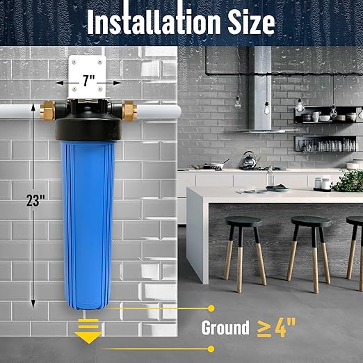 High Capacity 20 x 4.5” Whole House Filter Purifier System for Well or City Water, Presser Relief Button, 1” NPT Brass Port, Double O-Ring, Meets NSF Standards & Regulations (Blue, 4 Sets)