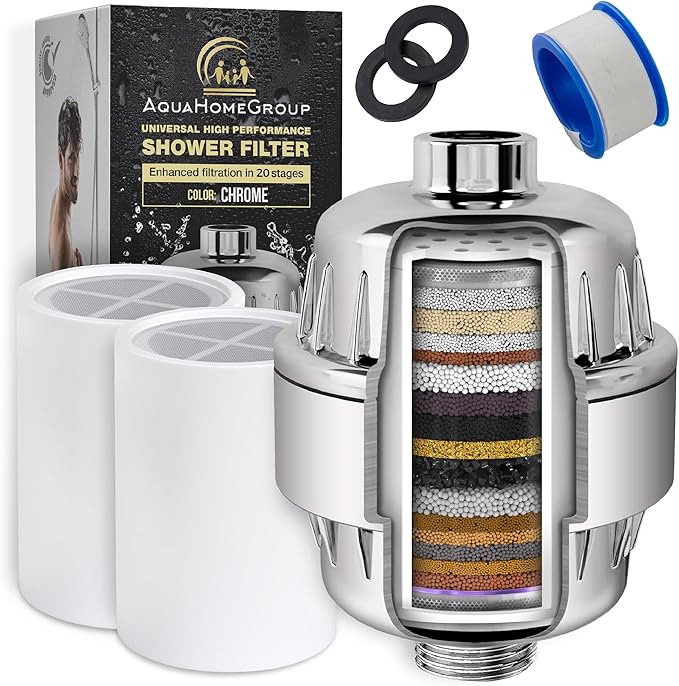 AquaHomeGroup 20 Stage Shower Head Filter with Vitamin C E A for Hard Water - High Output Filter to Remove Chlorine and Fluoride - 2 Cartridges Included - Consistent Flow Showerhead Filters