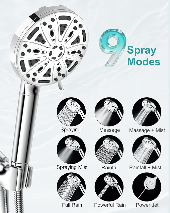 Filtered Handheld Shower Head, 9 Spray Modes High Pressure, 5 Replacement - Image 5