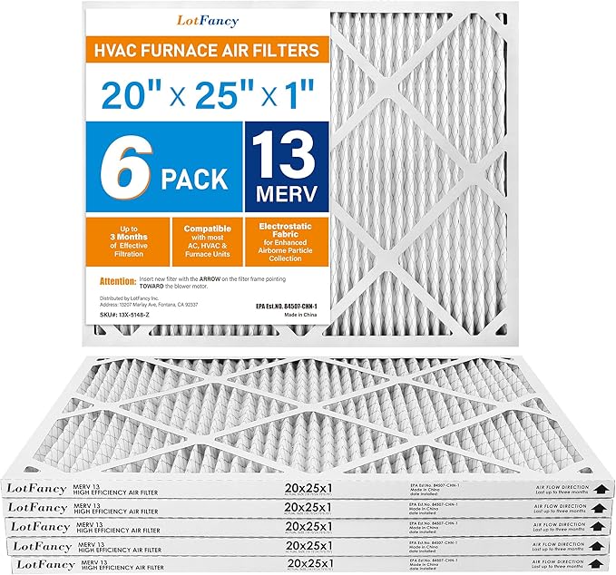 LotFancy 20x25x1 Air Filter MERV 13 Pet Smoke Smog Allergens Defense (6-Pack) Pleated HVAC Furnace Air Filters, Replacement for Home AC & Heating Systems, Actual Size: 19.75" x 24.75" x 0.75"