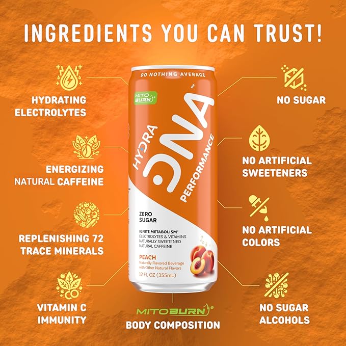 HYDRADNA- Clean Performance Drink, Zero Sugar | For Natural Fuel, Alertness, Boost, Stamina,120 mg Organic Caffeine, Natural Flavors, Zero Sucralose, Clean Ingredients (12 Pack) (12 Pack, Peach)-FlexoryFit