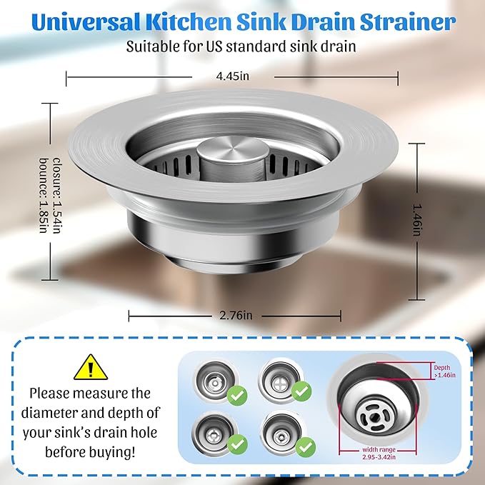 NinjaTiger Kitchen Sink Drain Strainer - Stainless Steel Sink Stopper 3-in-1 Pop-Up Sink Strainer with Anti-Clogging Basket Odor Filter Sink Drain Cover Plug for US Standard 3-1/2'' | Silver-1 Pack