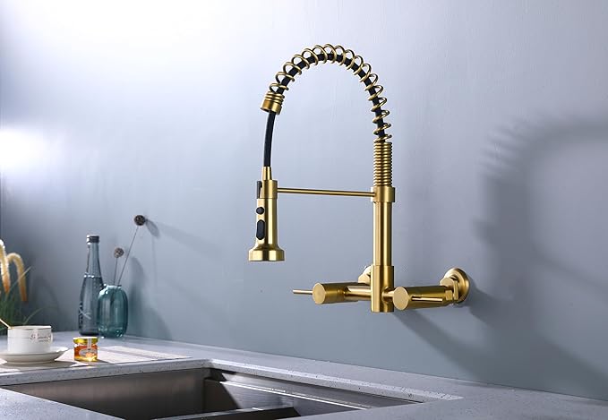 Wall Mount Kitchen Faucet, 8 Inch Center Wall Mount Kitchen Sink Faucet with Pull Down Sprayer, Commercial Brushed Gold