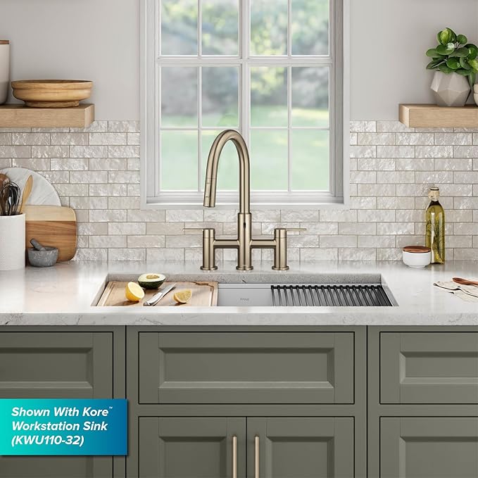 KRAUS Oletto Touchless Sensor Bridge Kitchen Faucet with Pull-Down Sprayhead in Spot-Free Stainless Steel, KSF-3122SFS