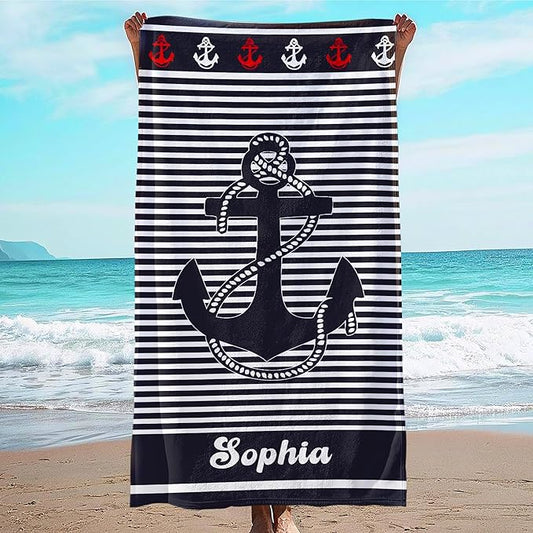 JML Personalized Beach Towel with Name, Custom Anchor Beach Towel, Customized Microfiber Pool Towel, Quick Dry & Absorbent Swim Towel for Adult,Anniversary, Birthday, Summer Holiday,Vacation-FlexoryFit