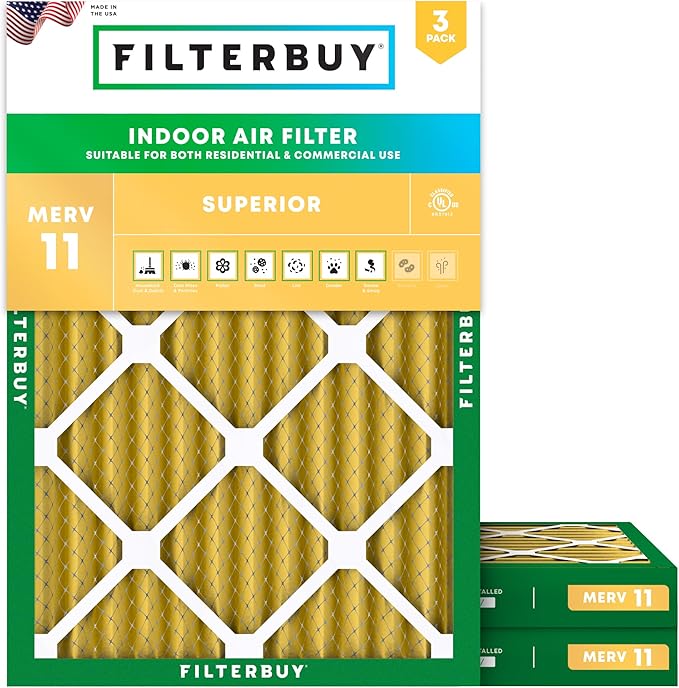 Filterbuy 20x24x2 Air Filter MERV 11 (MPR 1200) Allergen Defense Replacement (3-Pack), Electrostatic Pleated HVAC AC Furnace Filters, Made in USA (Actual Size: 19.38 x 23.38 x 1.75)