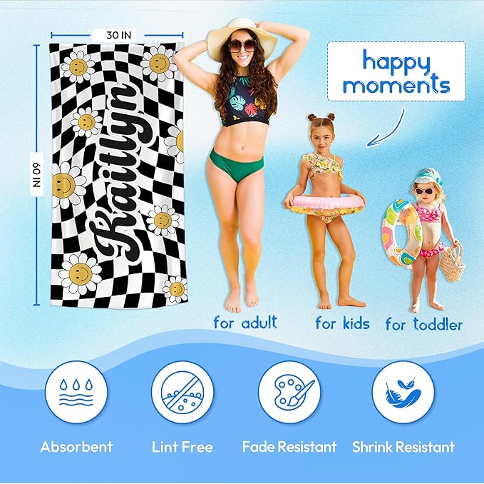 JML Personalized Beach Towel with Name, Custom Flower Beach Towel, Customized Microfiber Pool Towel, Quick Dry & Absorbent Swim Towel for Adult,Mother's Day, Birthday, Summer Holiday,Vacation-FlexoryFit