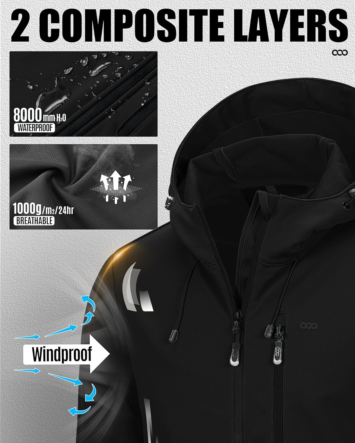 33,000ft Men's Softshell Jacket with Hood Waterproof Windbreaker Lightweight Rain Shell Jacket for Outdoor Hiking Travel