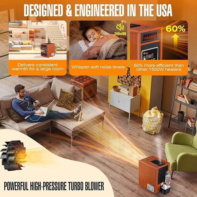 Dr Infrared Heater DR-998, 1500W, Space Heater with Humidifier, Oscillation Fan & Remote Control (Cherry)