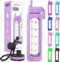 FIT Strong & Healthy 32 oz Glass Water Bottle with Straw Lid, Time Marker, Sleeve & Extra Lid - Motivational, Wide Mouth 1 Liter Glass Drinking Bottle