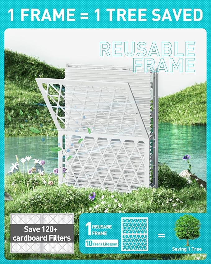 14x30x1 Refillable Air Filter Kit, MERV 11, 1 Reusable Foldable Frame ＆ 6 Refills, Fits Most AC HVAC Furnace Devices, Actual Size 13.75x29.75x0.75in