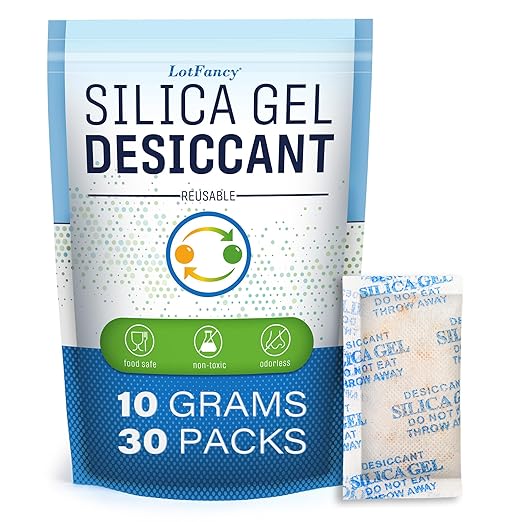 LotFancy Silica Gel Packets, 10 Gram 30 Packs Rechargeable Desiccant Dehumidifier, Indicating (Orange to Dark Green), Moisture Absorbing Bag for Clothes Shoes Ammo Storage
