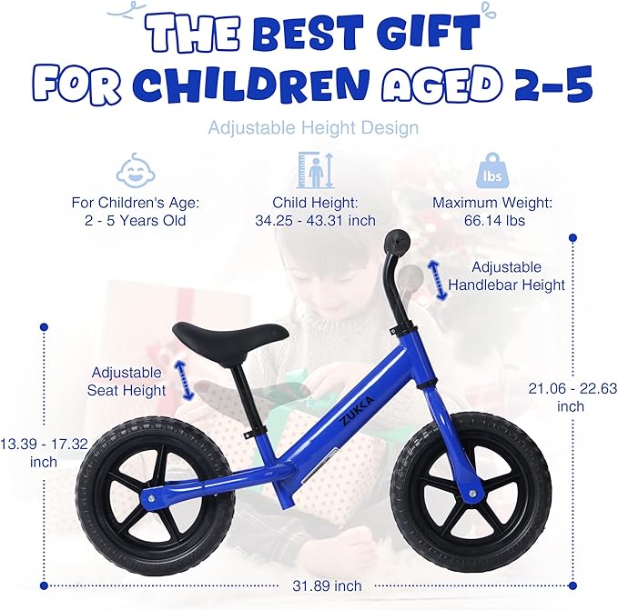 12 inch Toddler Balance Bike Adjustable Handlebar & Seat Anti-Slip Grip Suitable for 2-5 Years Old with Footrest Lightweight for Tolddlers Boys Girls Multiple Colors to Choose-FlexoryFit