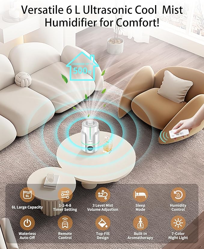 6L Cool Mist Humidifier with Smart Humidistat, Ultra Quiet 22dB for Large Bedroom and Baby Nursery, 50H Runtime, Top Fill, Essential Oil Diffuser, Remote Control, White