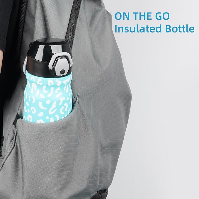 Insulated Water Bottle with Straw and Carry Loop,18 oz Stainless Steel Double Wall Vaccum Metal Water Flask with Leak-proof Lid,Blue Leopard-FlexoryFit