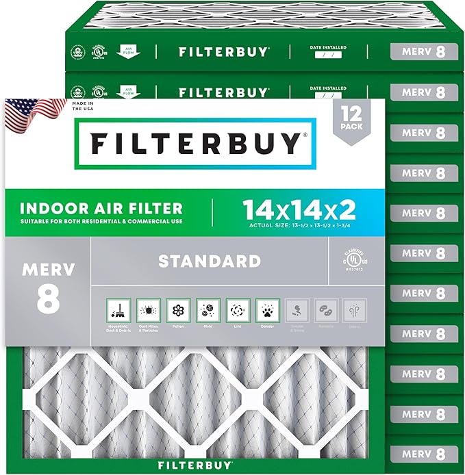 Filterbuy 14x14x2 Air Filter MERV 8 (MPR 700) Dust Defense Replacement (12-Pack), Electrostatic Pleated HVAC AC Furnace Filters, Made in USA (Actual Size: 13.50 x 13.50 x 1.75)