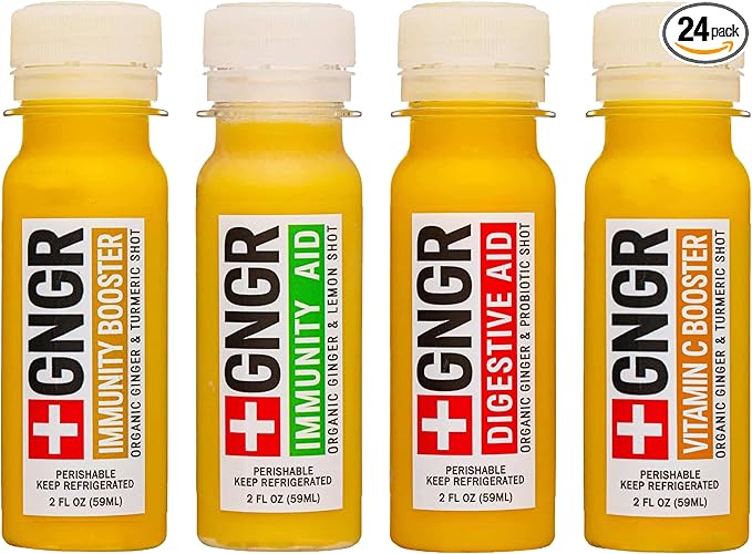 '+GNGR 24 Shots Variety Pack of Organic Immunity Boosting Ginger Shots - Cold Pressed Ginger Shots for All Natural Digestive and Immune Support - Nothing Artificial - USDA Organic (2 Fl Oz, 24 Pack)-FlexoryFit