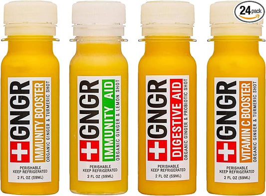 '+GNGR 24 Shots Variety Pack of Organic Immunity Boosting Ginger Shots - Cold Pressed Ginger Shots for All Natural Digestive and Immune Support - Nothing Artificial - USDA Organic (2 Fl Oz, 24 Pack)-FlexoryFit