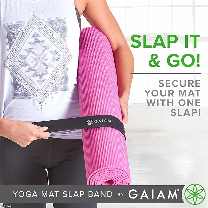 Gaiam Yoga Mat Strap Slap Band - Keeps Your Mat Tightly Rolled and Secure with One Snap - Strong Clasp for Yoga Mat Storage and Travel - Fits Most Size Mats (20"L x 1.5"W), Black-FlexoryFit