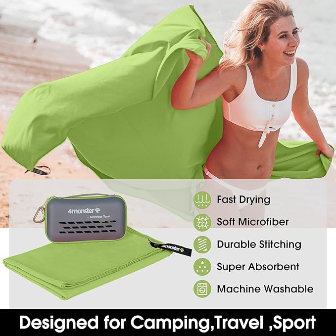 4Monster Camping Towels Super Absorbent, Fast Drying Microfiber Travel Towel, Quick Dry Ultra Soft Compact Gym Towel for Swimming Beach Hiking Yoga Travel Sports Backpack (31.50" x 15.80", Green)-FlexoryFit
