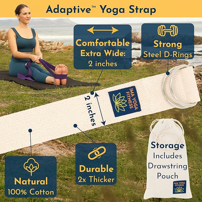 Adaptive Yoga Strap, Stretching Strap, 2 Inches Wide, 100% Naturally Soft Cotton, Steel D-Rings, Includes Natural Cotton Drawstring Storage Pouch and Instructional E-Book-FlexoryFit