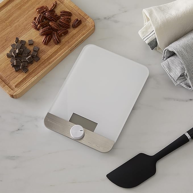 KitchenAid KQ908 Glass Surface 11 Pound Capacity Digital Kitchen and Food Scale, White-FlexoryFit