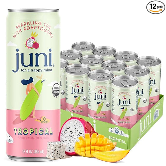 Juni Sparkling Adaptogen Drink with Ashwagandha, Lion’s Mane & Reishi Mushrooms | Green Tea for Focus, Zero Sugar, 5 Calories, Organic | Non Alcoholic Drinks - Tropical 12 pack-FlexoryFit