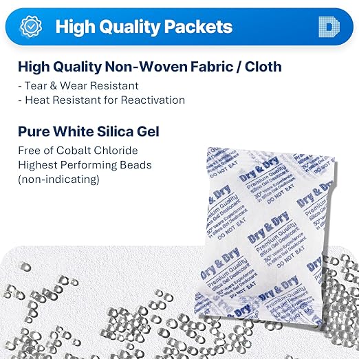Dry & Dry Silica Gel Packets Desiccants - Rechargeable Silica Gel Packs, Desiccants Packets - White - 10 Packets (50 Gram)