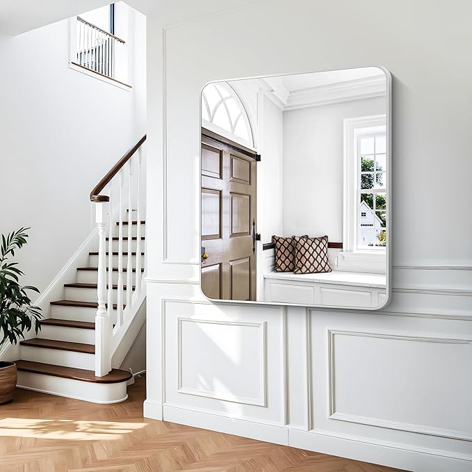 Silver Bathroom Mirror,40x48 inch Wall Mirror for Bathroom Wall Mounted,Rectangle Mirror for Bathroom Over Sink,Modern Frame Round Corner for Living Room,Bedroom Entryway,Horizontal/Vertical