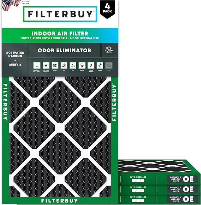 Filterbuy 14x30x1 Air Filter MERV 8 (MPR 700) Odor Eliminator Replacement (4-Pack), Electrostatic Pleated HVAC AC Furnace Filters w/Activated Carbon, Made in USA (Actual Size: 13.88 x 29.88 x 0.75)