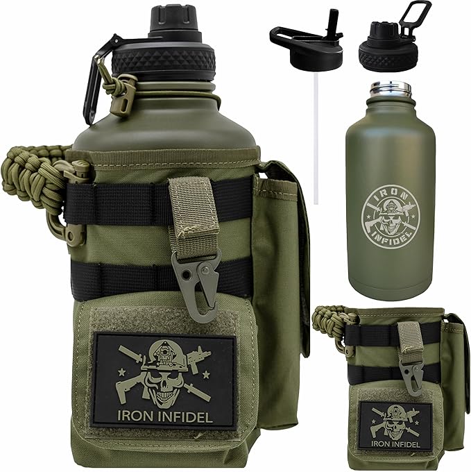 Iron Infidel Battle Bottle - Half Gallon Insulated Water Bottle with Paracord Handle, Large 64 oz Stainless Steel Water Jug with Rugged, Removable Sleeve for Keys, Wallet & Phone (Gangrene 2L)-FlexoryFit