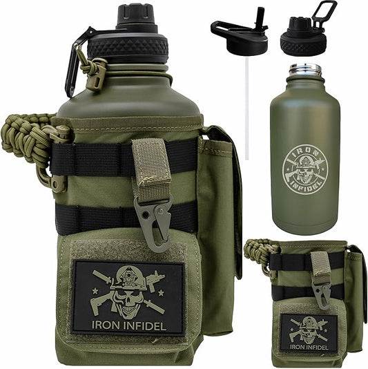 Iron Infidel Battle Bottle - Half Gallon Insulated Water Bottle with Paracord Handle, Large 64 oz Stainless Steel Water Jug with Rugged, Removable Sleeve for Keys, Wallet & Phone (Gangrene 2L)-FlexoryFit