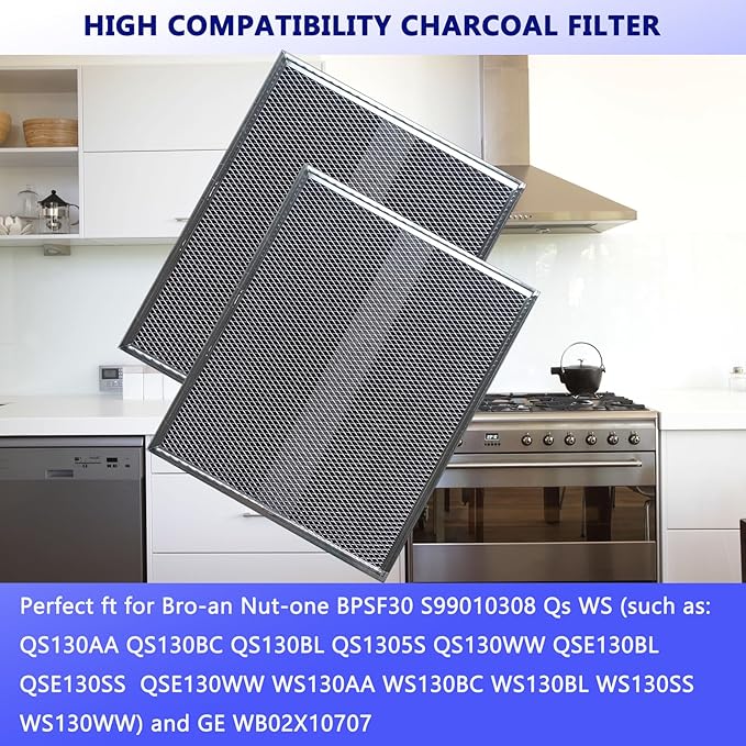 Upgraded S99010308 Range Hood Charcoal Filter Fit Bro-an Nut-one BPSF30 QS WS And GE WB02X10707 S-ears Non-Ducted carbon Replacement Filters Allure Range Hood Filter Size 10.8"x13.3" 2-Pack