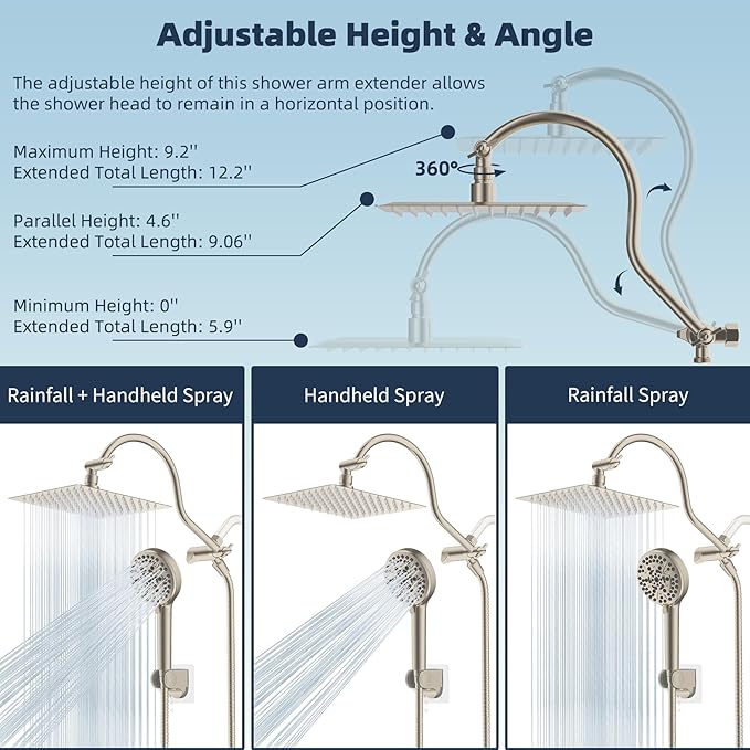 Hibbent All Metal Shower Head, 8'' High Pressure Rainfall Shower Head, Handheld Showerhead Combo with 12'' Adjustable Curved Extension Arm, 10-Spray, 71'' Hose, Showerhead Holder, Brushed Nickel