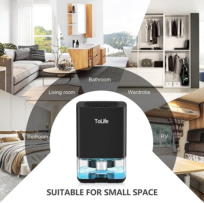 ToLife Dehumidifiers for Home 30 OZ Water Tank with Auto-Off 500 sq.ft Portable Small Dehumidifier for Bathroom Bedroom RV Closet Room 7 Colors LED Light, Black