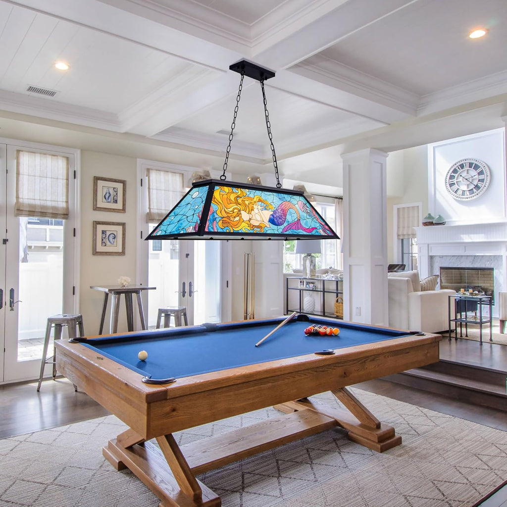 Wellmet Tiffany Pool Table lamp Hanging, Billiards Lamp for Game Room, 4-Lights Modern Chandeliers for Kitchen Island, Snooker Table, Party Men's Cave, Coastal Sea Ocean Style