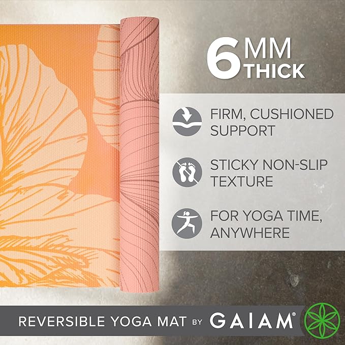 Gaiam Yoga Mat - Premium 6mm Print Reversible Extra Thick Non Slip Exercise & Fitness Mat for All Types of Yoga, Pilates & Floor Workouts (68" x 24" x 6mm Thick)-FlexoryFit