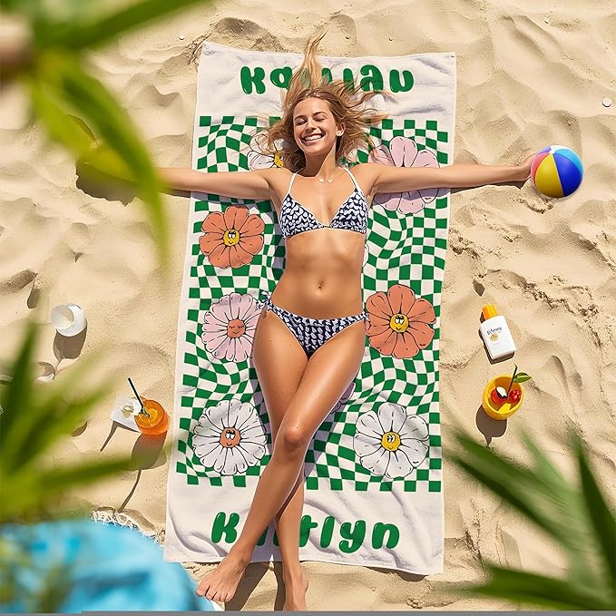 JML Personalized Beach Towel with Name, Custom Flower Beach Towel, Customized Microfiber Pool Towel, Quick Dry & Absorbent Swim Towel for Adult,Mother's Day, Birthday, Summer Holiday,Vacation-FlexoryFit