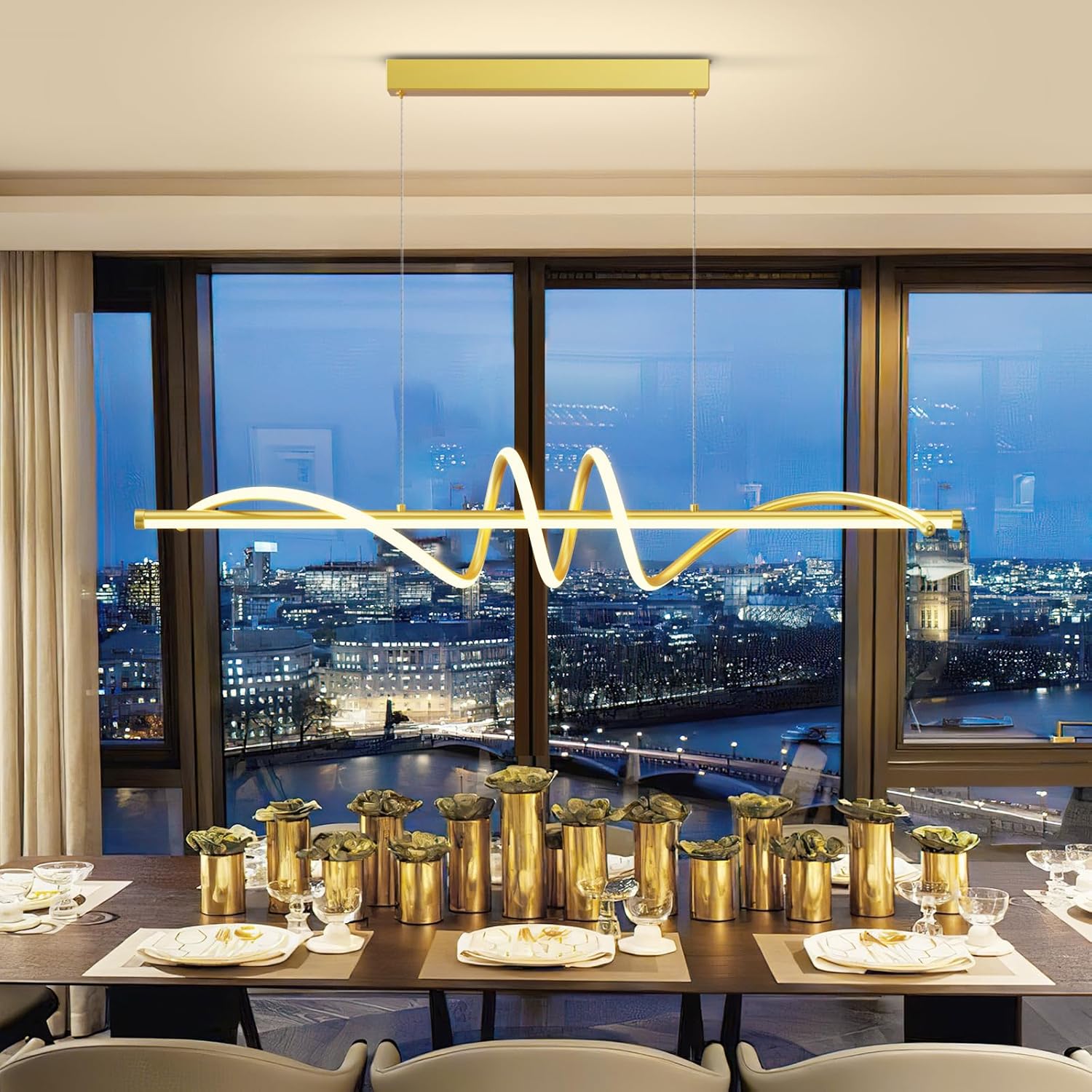 Modern LED Pendant Lights, 47in Gold Chandelier Dimmable with Remote Control 3000k-6000K Adjustable Color Temperature, Aluminum Island Lighting Lamp Fixture for Kitchen, Dining Room