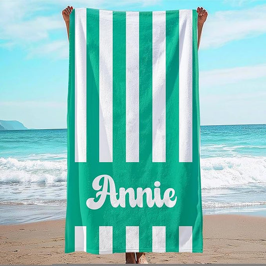 JML Personalized Beach Towel with Name, Custom Cabana Stripe Beach Towel, Customized Microfiber Pool Towel, Quick Dry & Absorbent Swim Towel for Adult,Mother's Day, Birthday, Summer Holiday,Vacation-FlexoryFit