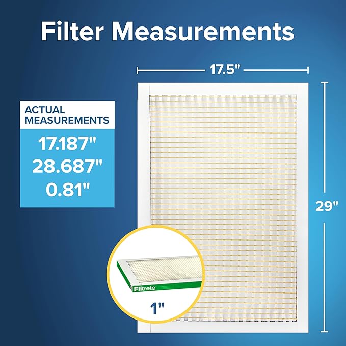 Filtrete 17.5x29x1 AC Furnace Air Filter, MERV 8, MPR 700, Tough on Pollen, Easy on Airflow, 3-Month Pleated 1-Inch Electrostatic Air Cleaning Filter, 4-Pack (Actual Size 17.187 x 28.687 x 0.81)